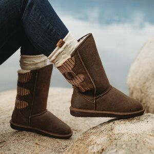 BearPaw Boshie Brown Winter Snow Boots Women’s 6 Chestnut Distressed Suede Knit